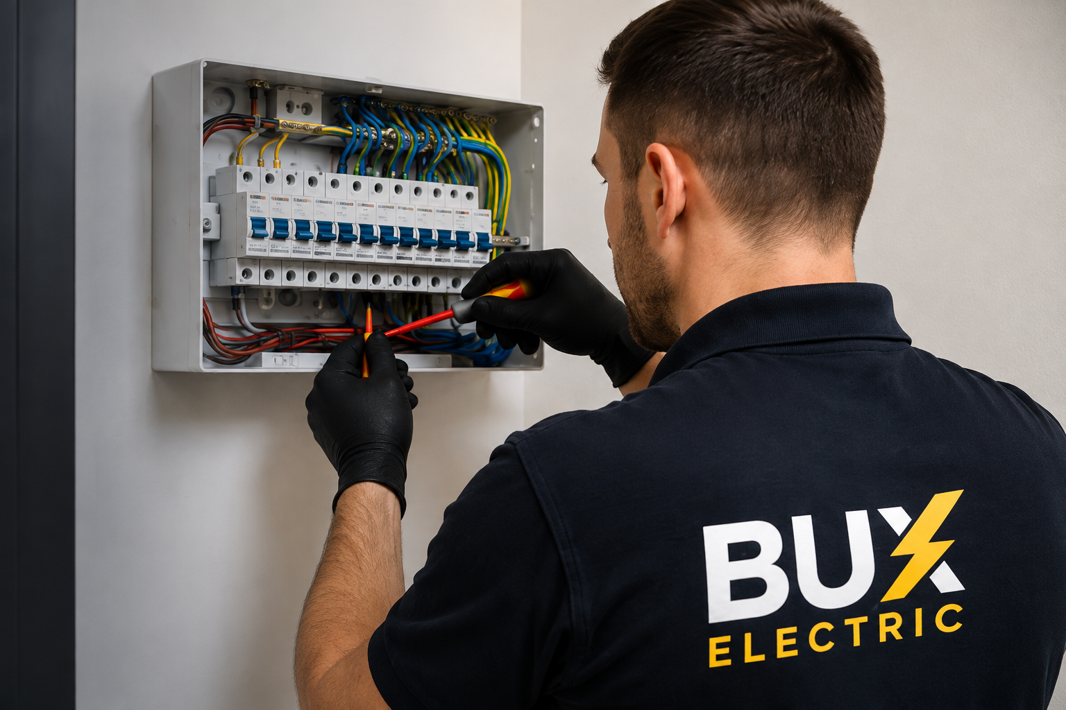 Professional electrician working on an electrical panel